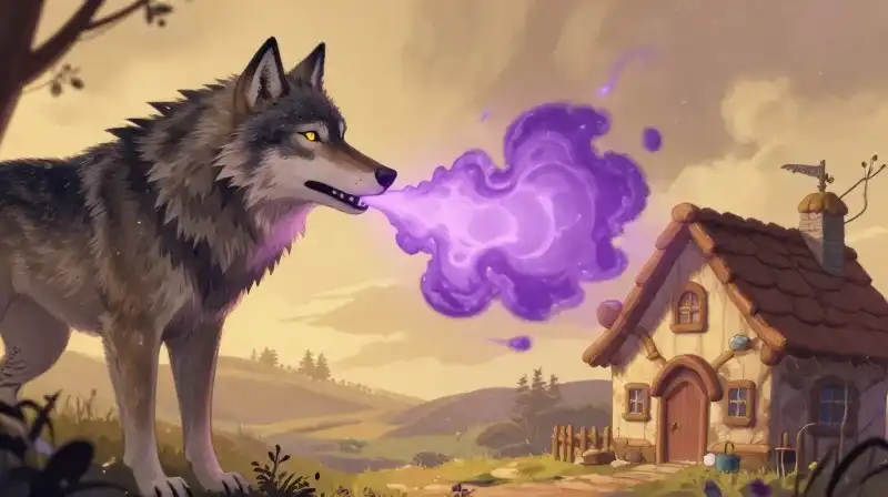 Friendly purple wolf trying to blow down a strong fairytale house