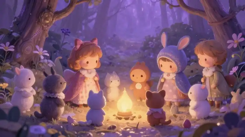 Whimsical tiny beings gathering in a purple enchanted woodland