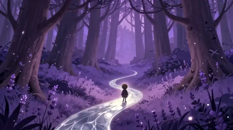 Tiny figure finding place in purple forest