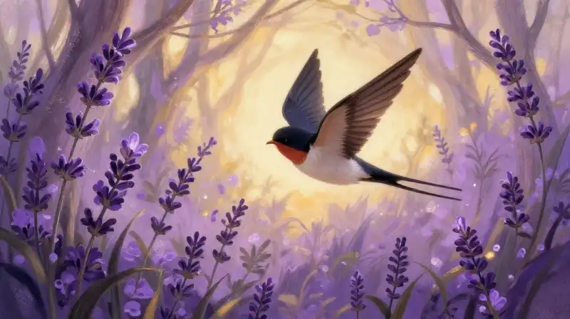 Tiny thumbelina carried by a swallow in a magical garden