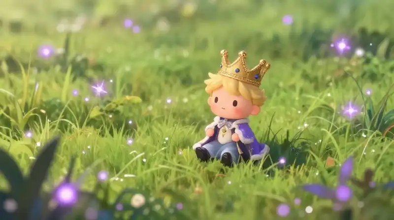Tiny prince discovered in a magical, whimsical meadow