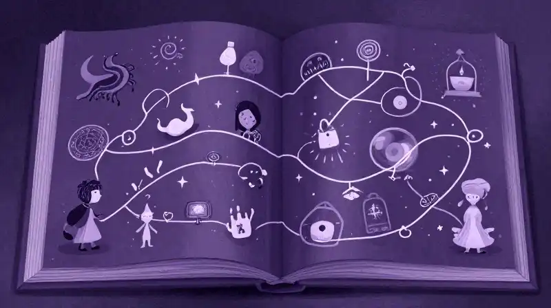 Diverse fairytale motifs floating in a whimsical purple storybook