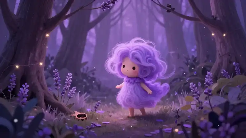 Whimsical trickster figure in a magical purple dreamscape