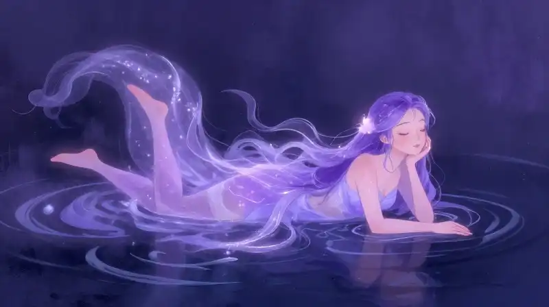 Gentle two-tailed water spirit in a magical purple river