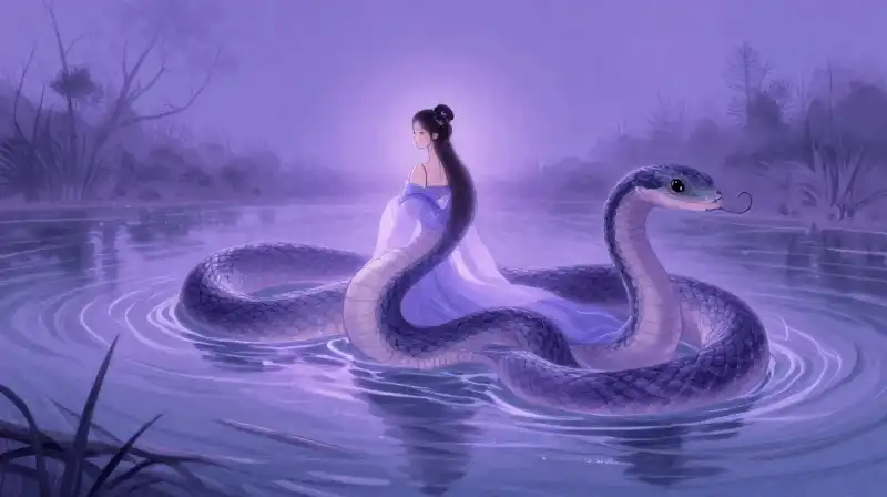 Whimsical two-tailed mermaid transition in a magical purple river