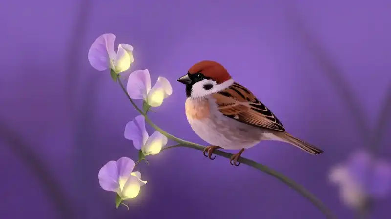 A small bird entangled in magical purple vines in an enchanted garden