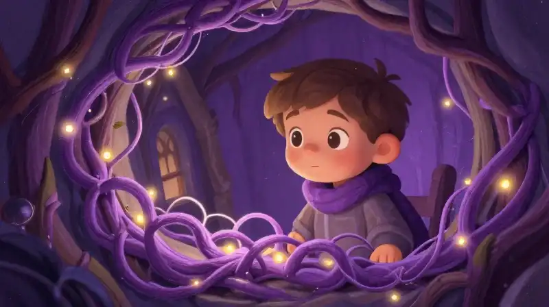 Determined child grappling with a complex challenge in a whimsical setting