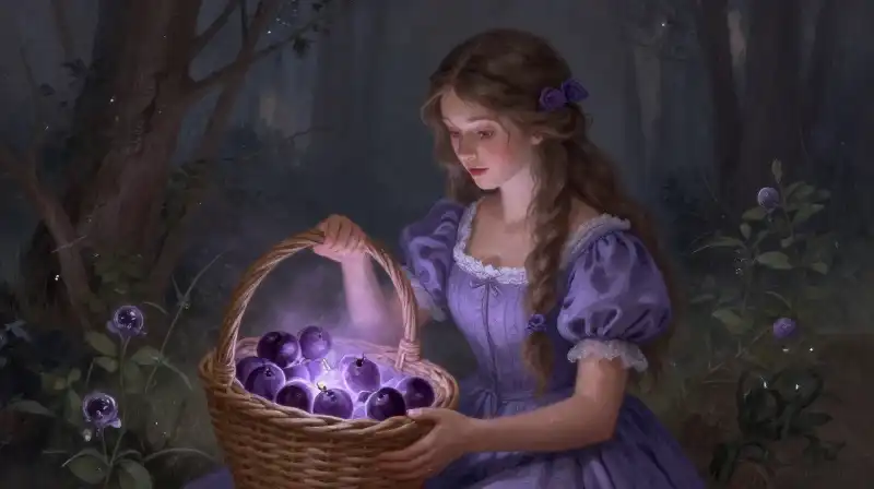 Queen dressed as a peddler in a purple storybook scene