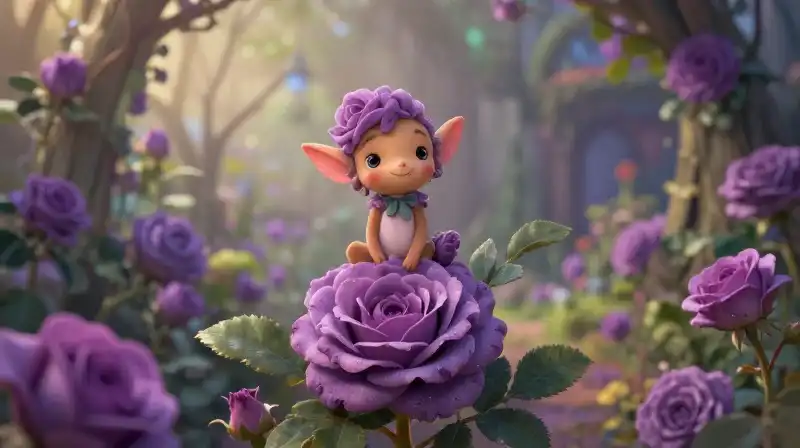 Magical nature spirit in a highly detailed purple flower garden