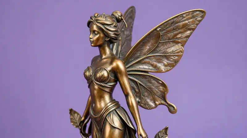 Bronze fairy sculpture in purple, whimsical lost wax casting